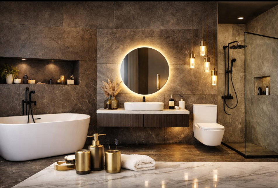 Luxurious modern bathroom with Jaquar fittings installed by Super Star Sanitary in Dehradun home